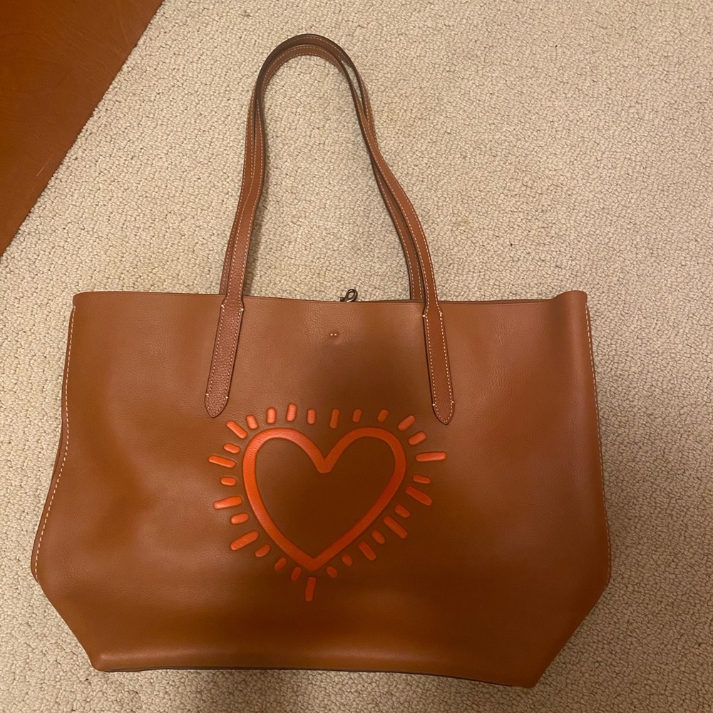 Coach Keith haring Brown Leather Tote with Red Heart Accent